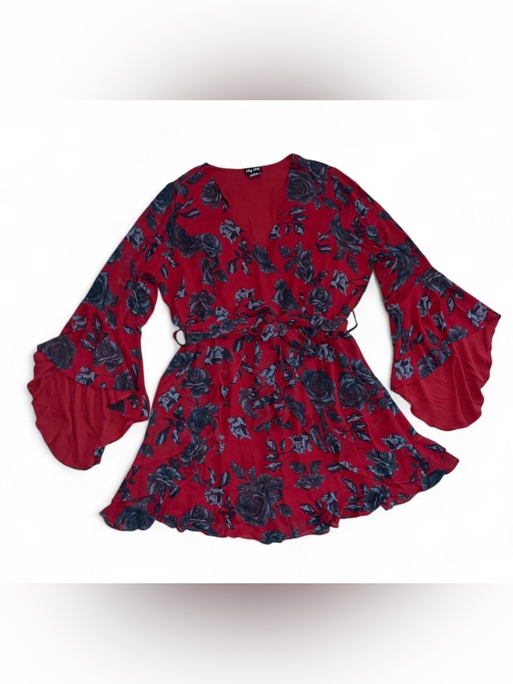 Like New City Chic Plus Size 16 Red Mini Dress with Grey and Black Rose Print - Picture 1 of 12